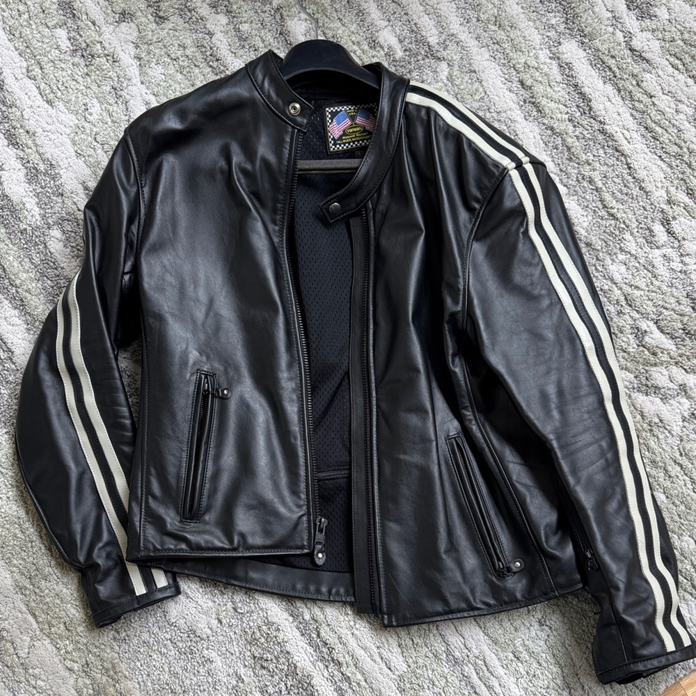 Vanson Black Leather Jacket with White Stripes